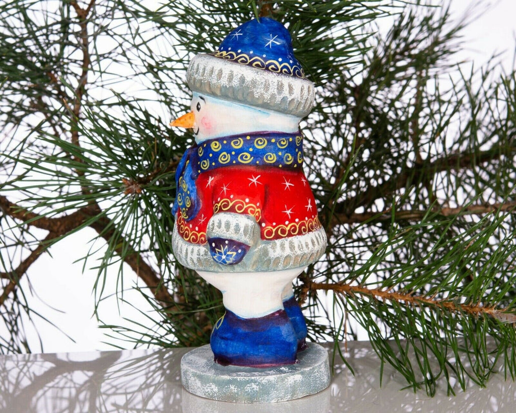 Hand carved wooden snowman figurine 6.3 inch, folk art winter accent, mantel decor