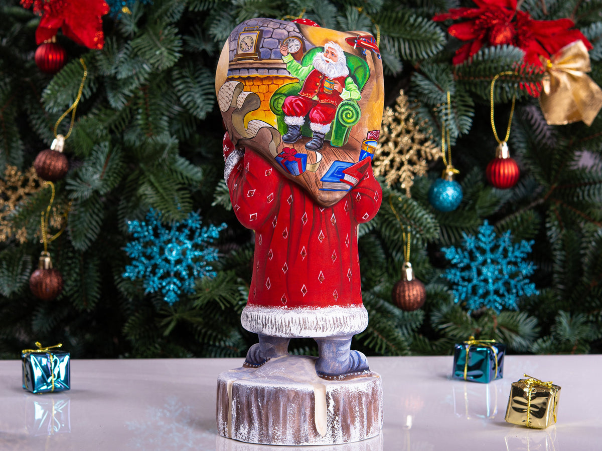 Hand carved wooden Santa figurine 11 inch, workshop fireplace scene, rustic mantel centerpiece decor