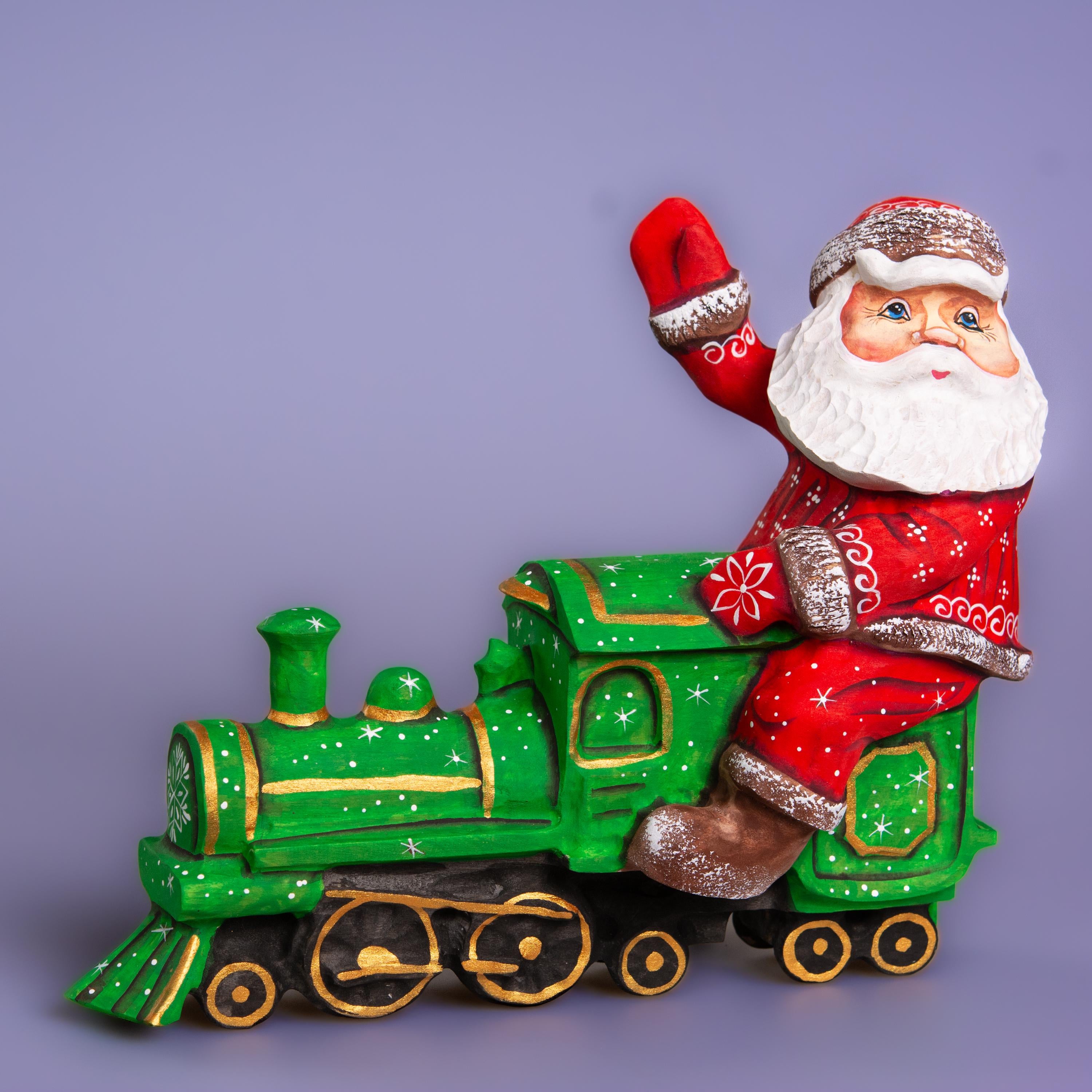 Hand Carved Santa on Locomotive Figurine 9.5 inch: Wooden Christmas Decoration