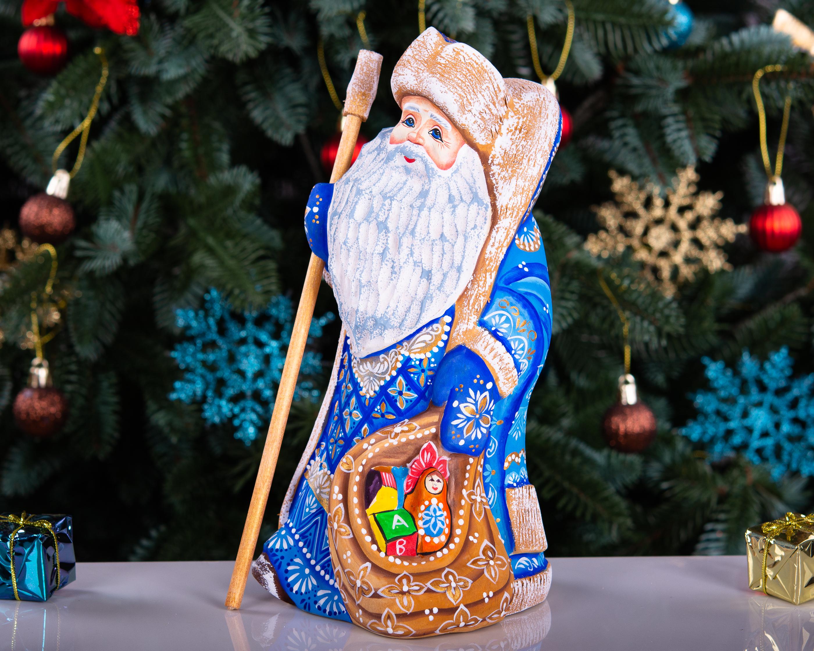 Hand carved blue Santa wooden figurine 9 inch, toy sack, mantel decor