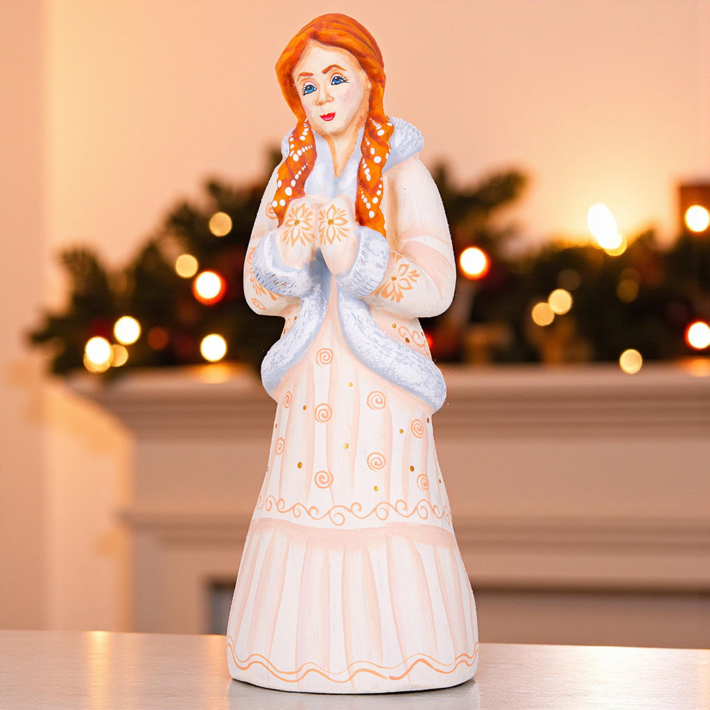 Hand carved Snow Maiden wooden figurine 8.2 inch, winter mantel decor