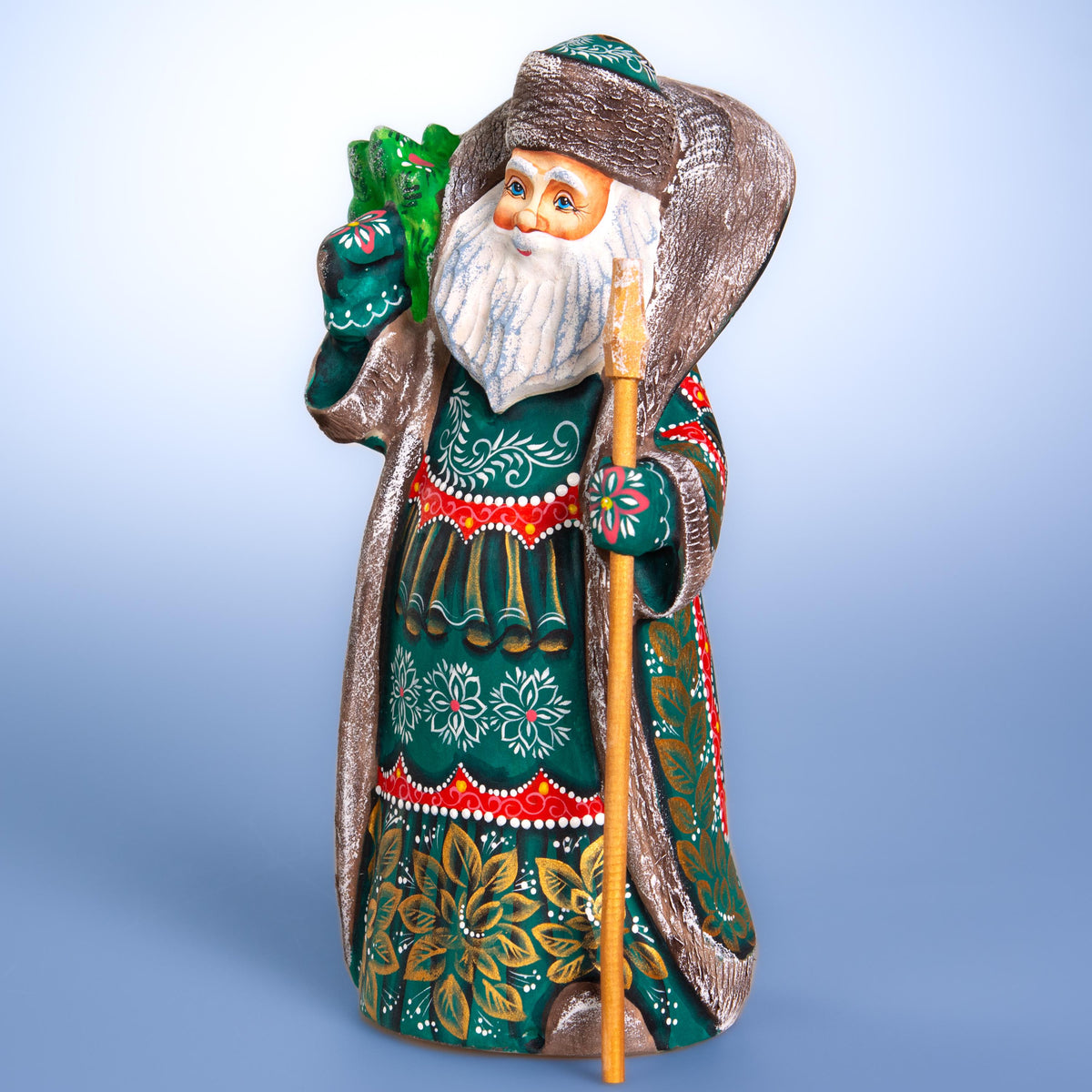 Old World Santa figurine 10.2 inch, carved wood, emerald coat, holiday shelf decor