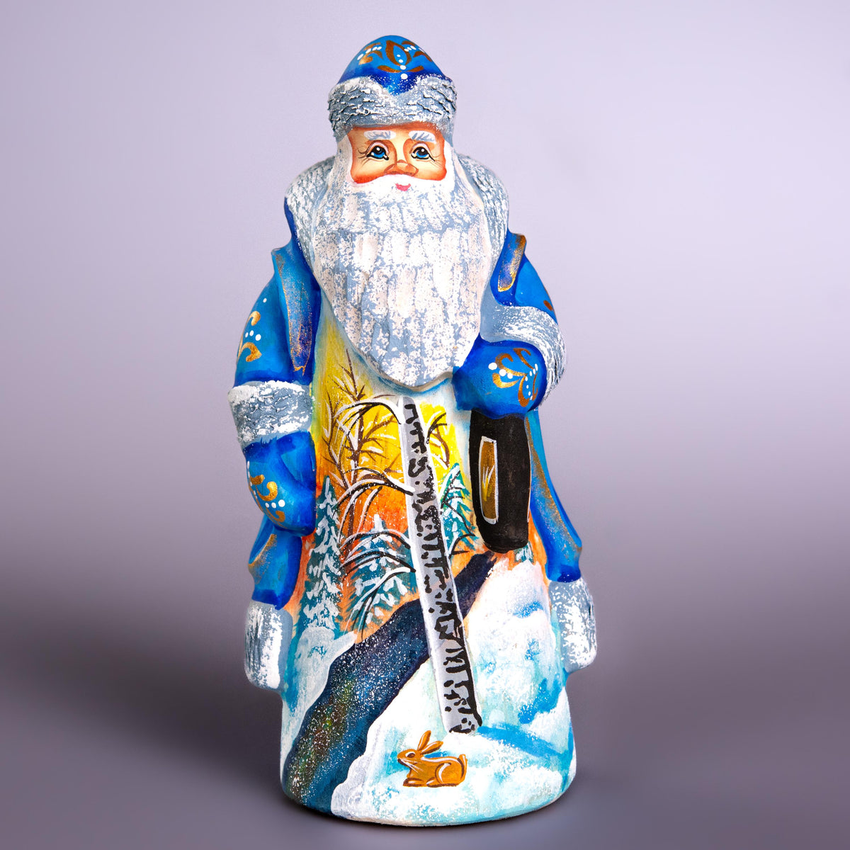 Blue Santa Figurine 7", Hand Painted Wood, Winter Landscape