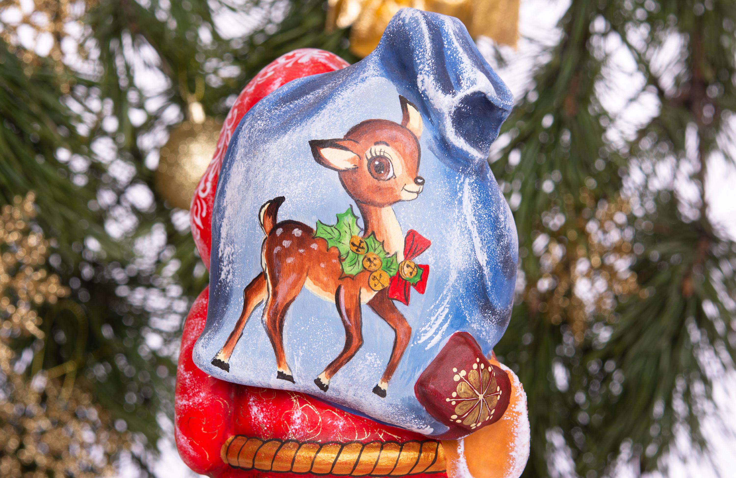 Retro Santa Claus wooden figurine 12 inch, fawn on toy sack, collectible Christmas decor