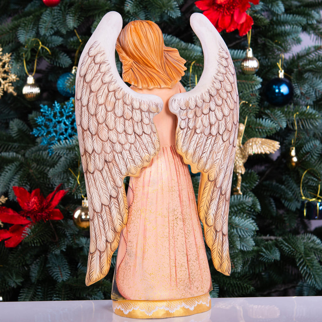 Hand Carved Wood Angel Statue: Nativity Art, Christian Decor