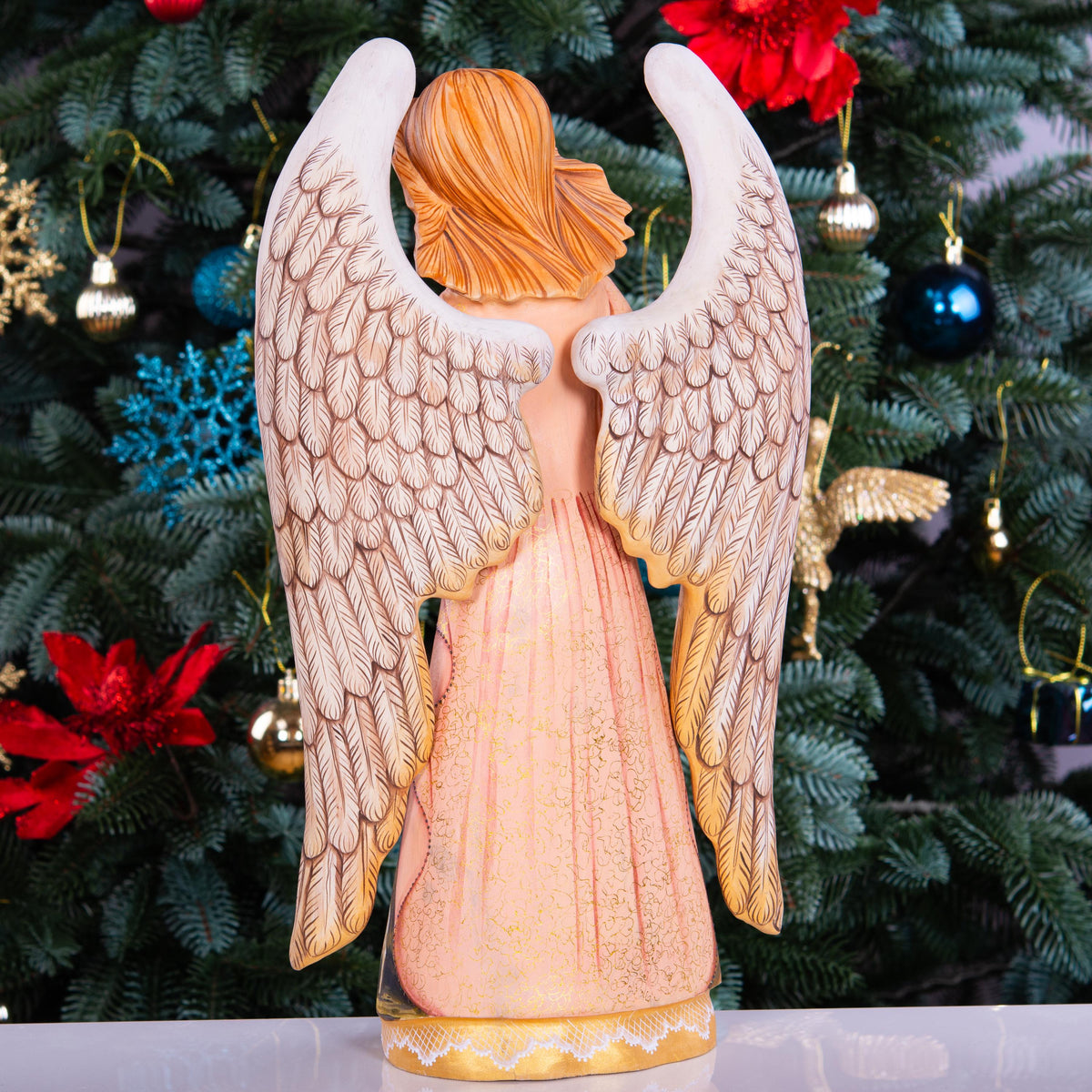 Hand Carved Wood Angel Statue: Nativity Art, Christian Decor