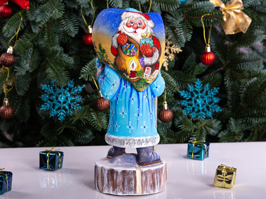 Hand carved Santa wooden statue 11 inch, folk art backpack scene