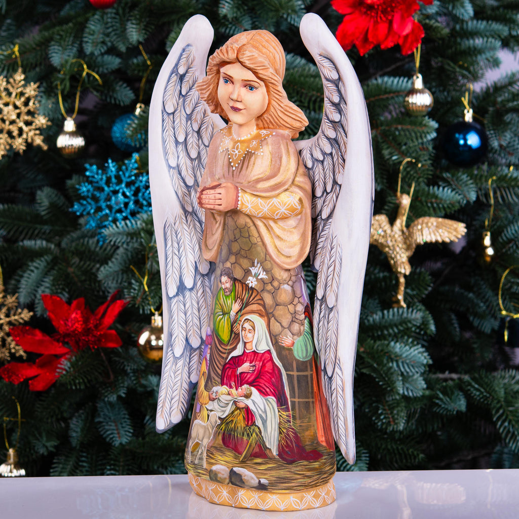 Wooden Angel Statue 12.9", Hand Carved, Nativity Art, Christian Decor
