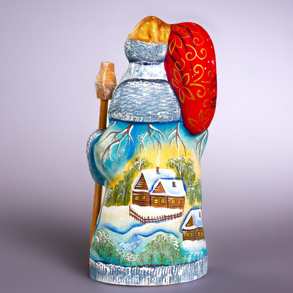 Hand Carved Santa Figurine 8 inch: Snowy Village, Golden Church - Signed Collectible
