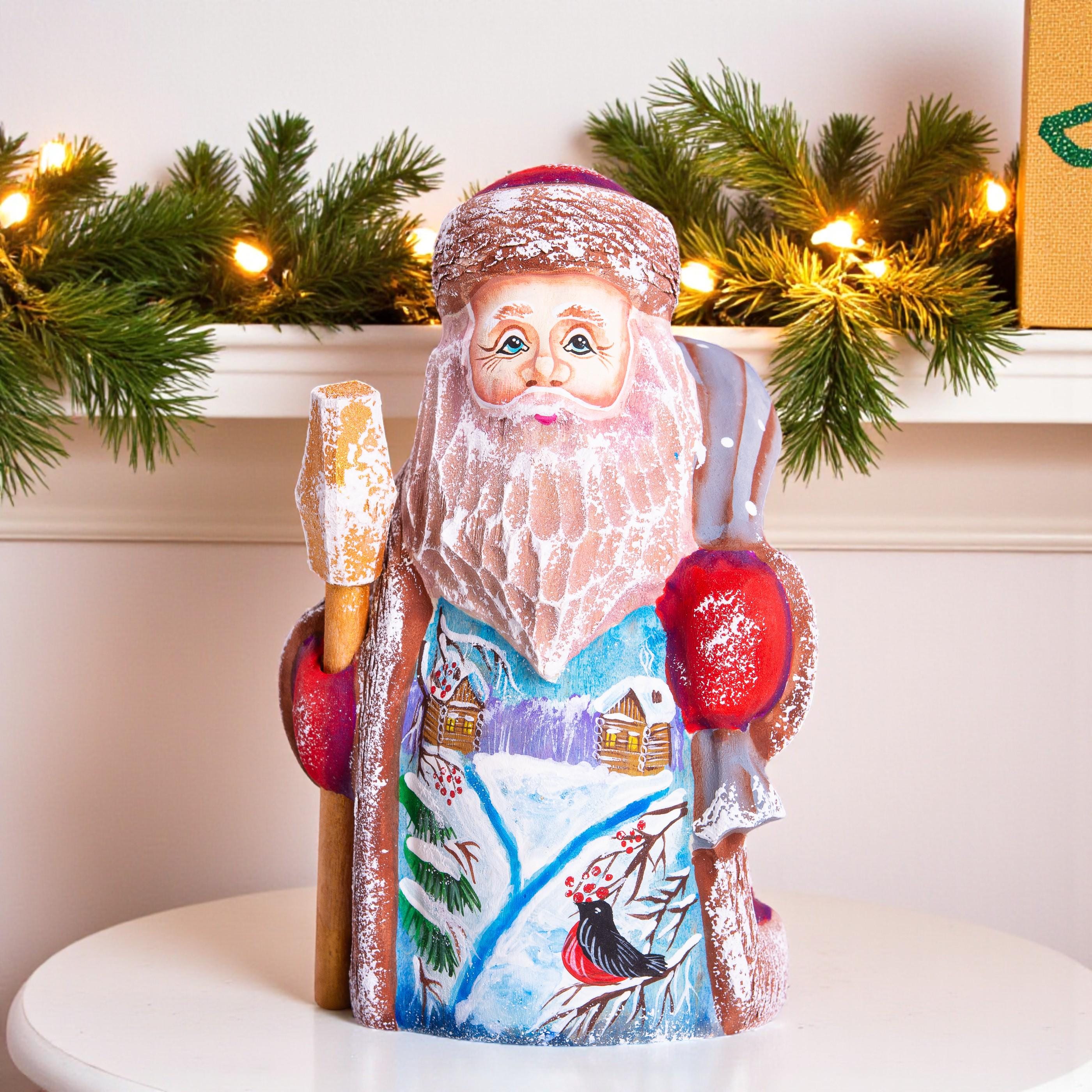 Small Santa Claus wooden figurine 5 inch, snowy forest painting, collectible holiday decor