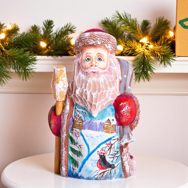 Small Santa Claus wooden figurine 5 inch, snowy forest painting, collectible holiday decor