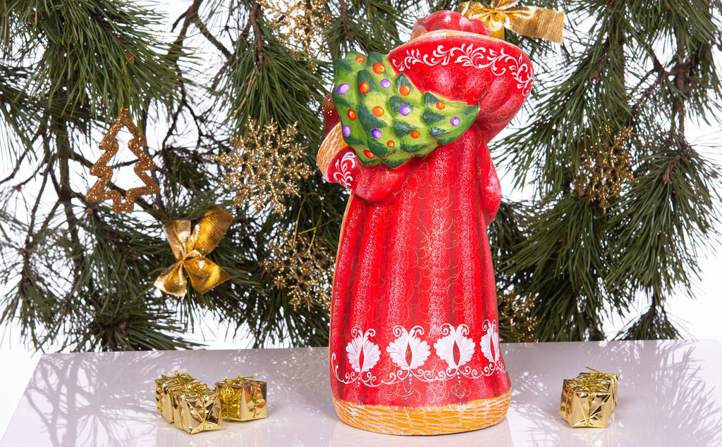 Hand carved wooden Santa figurine 13 inch, woodland animals painting, rustic mantel centerpiece