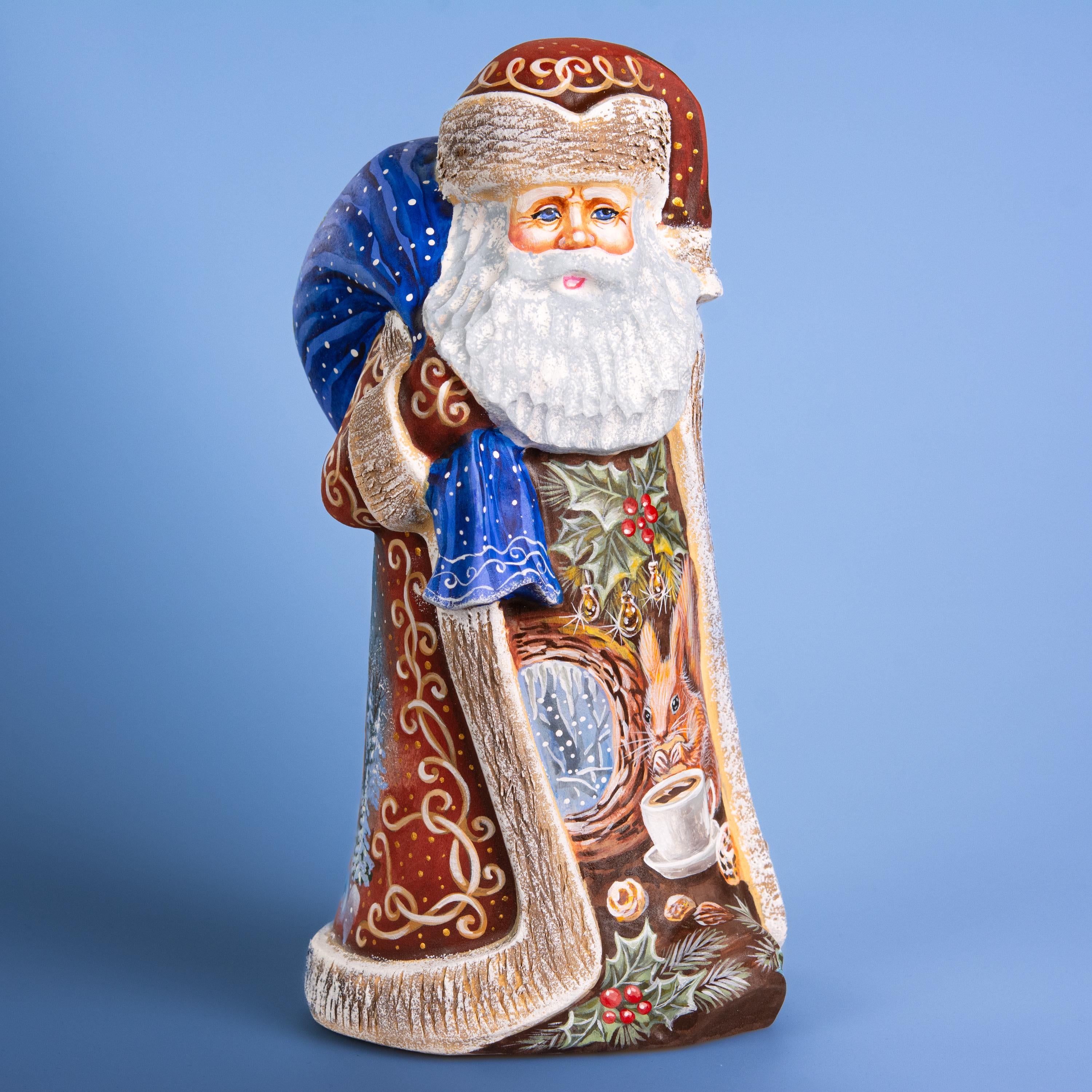 Hand Carved Santa Figure 9 inch: Snowy Cottage Scene, Signed Art