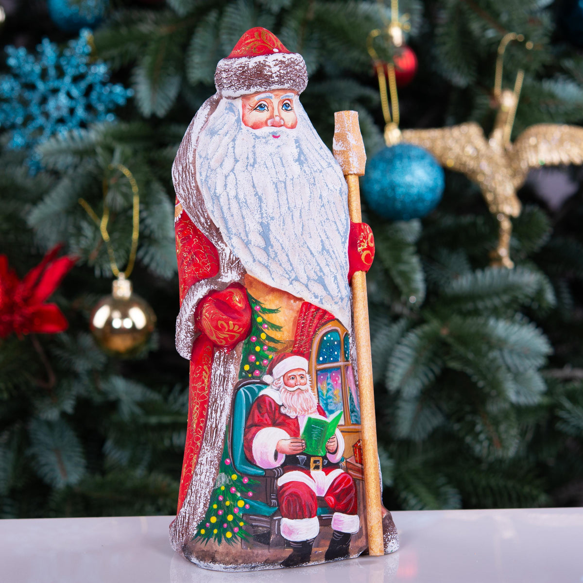 Hand carved Old-World Santa wooden figurine 9 inch, cozy window reading scene, mantel decor