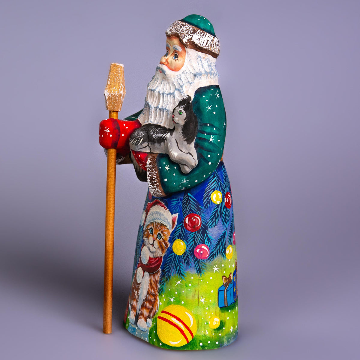 Hand carved Santa with kitten wood figurine 9 inch, cat lover mantel decor