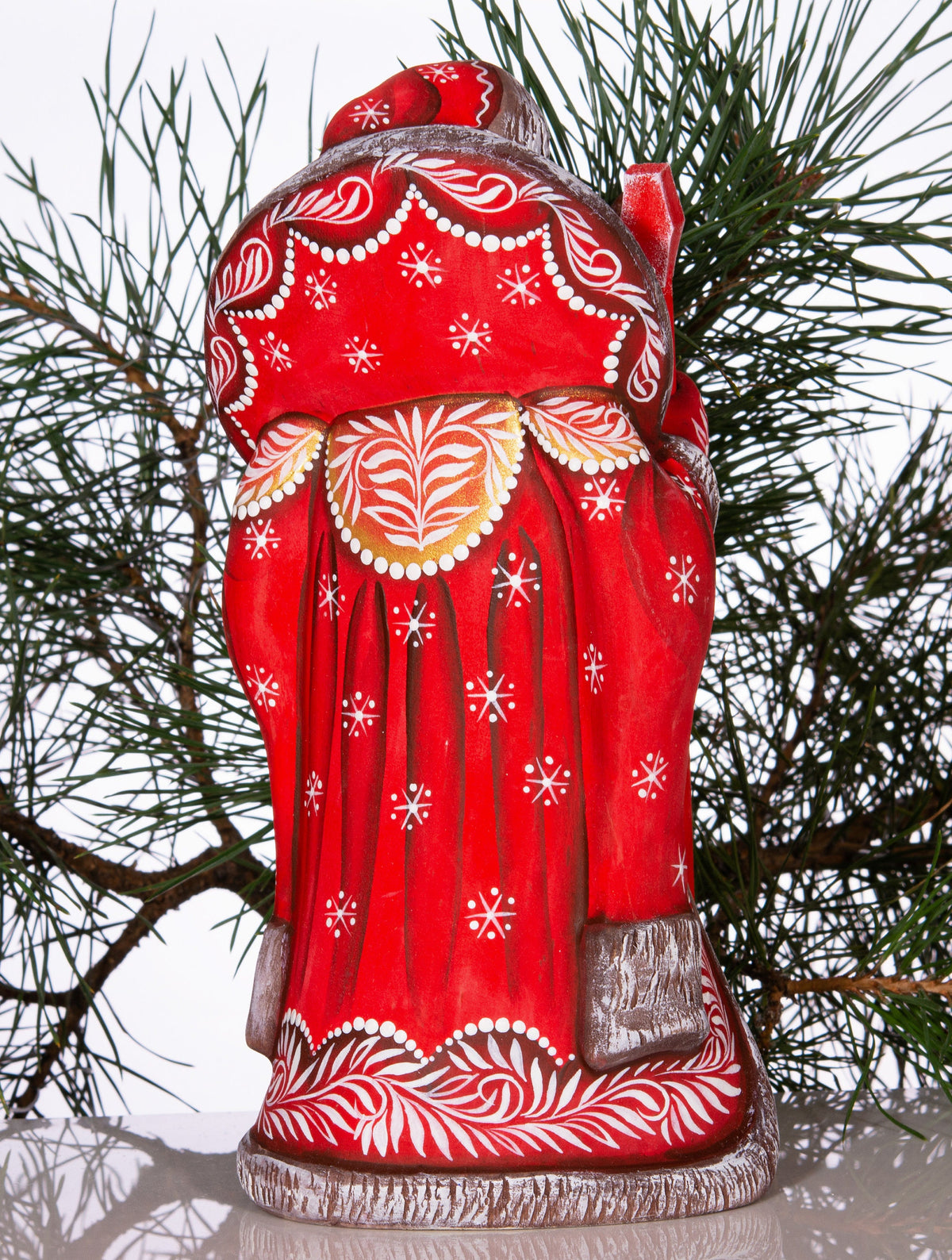 Hand carved Russian Santa figurine 9.5 inch, winter girl scene, Christmas mantel centerpiece