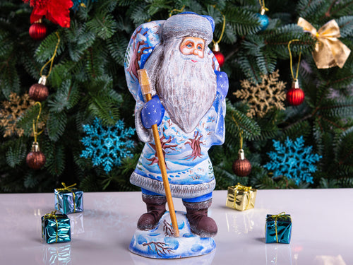 Hand carved Old-World Santa wooden figurine 11 inch, Winnie-the-Pooh scene, mantel decor
