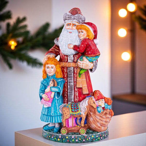 Large Santa Claus statue with children and toys, hand painted, 14 inch