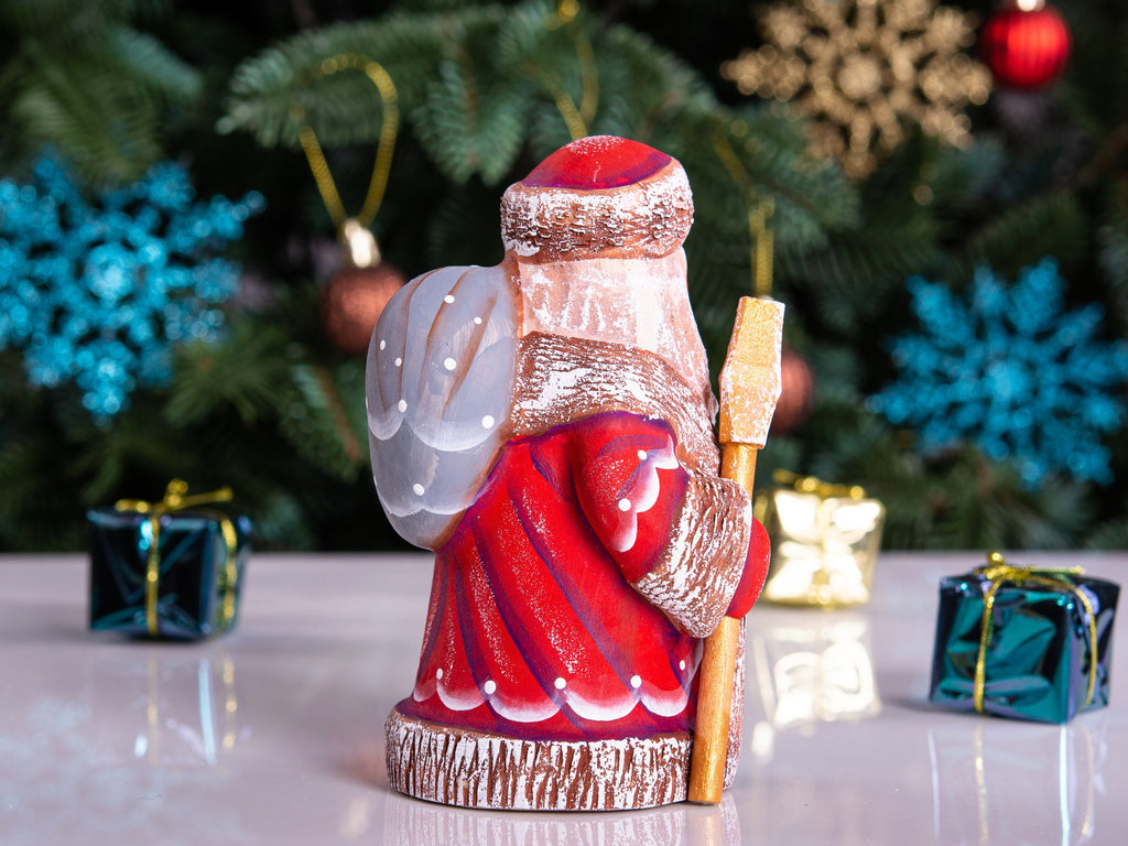 Small Santa Claus wooden figurine 5 inch, snowy forest painting, collectible holiday decor