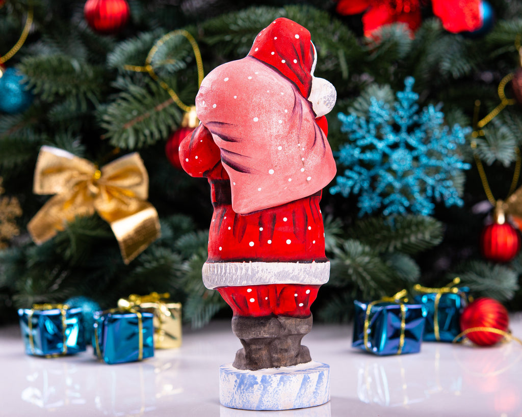 Santa Statue 7.1″, Hand‑Carved Wood, Shoulder Toy Sack